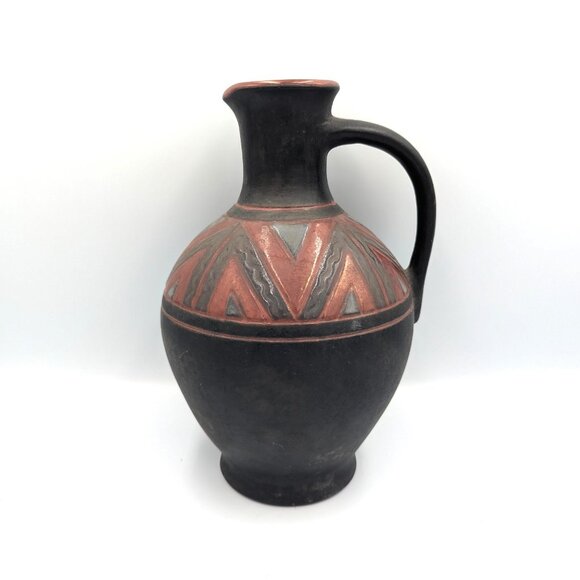 Vintage Georgian Clay Pottery Jug Doqi Redware Red Black Raku Glaze Wine Carafe - Picture 1 of 7